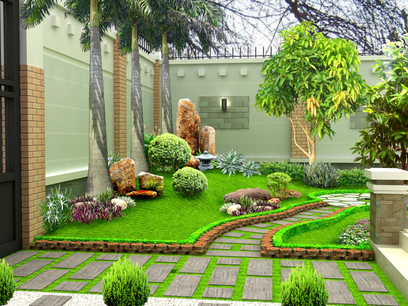 Thiết kế góc sân vườn tiểu cảnh với tùng la hán, đá trang trí và đường dạo uốn lượn.